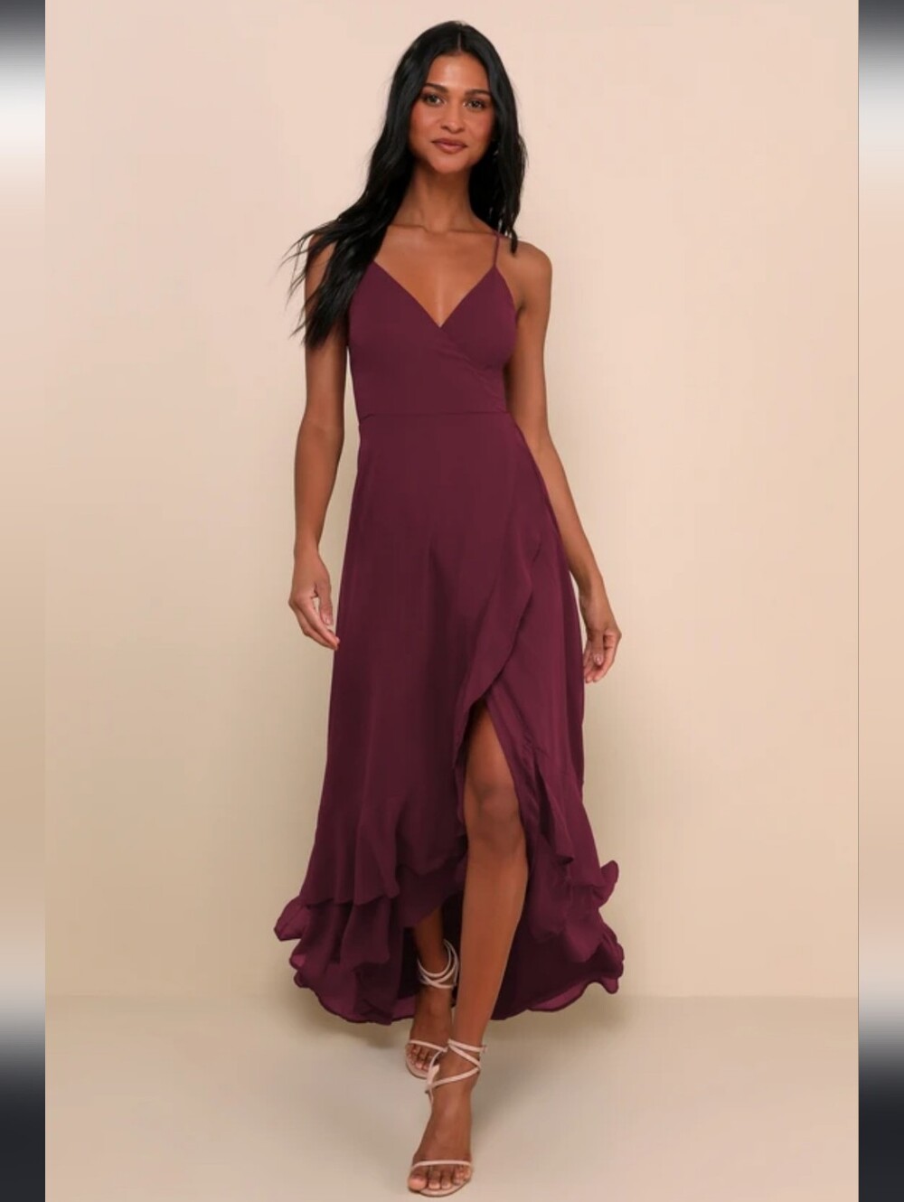 Lulu's Plum Ruffled V-Neck Wrap Maxi Dress With Lace Up Back